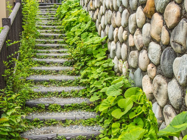 Stairs made of stones with plants and stone walls on the sides.