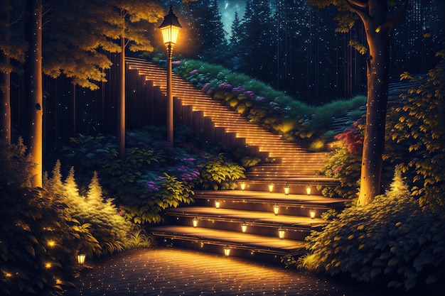 Stairs at night with lights trees and garden