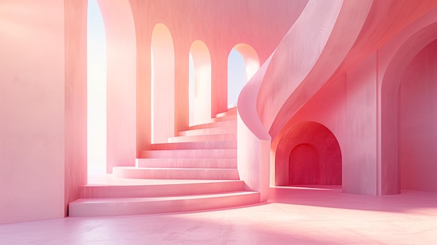 Stairs to pink building with arches