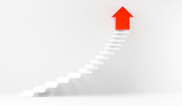 Stairs step up going success upward on interior white wall 3D rendering illustration