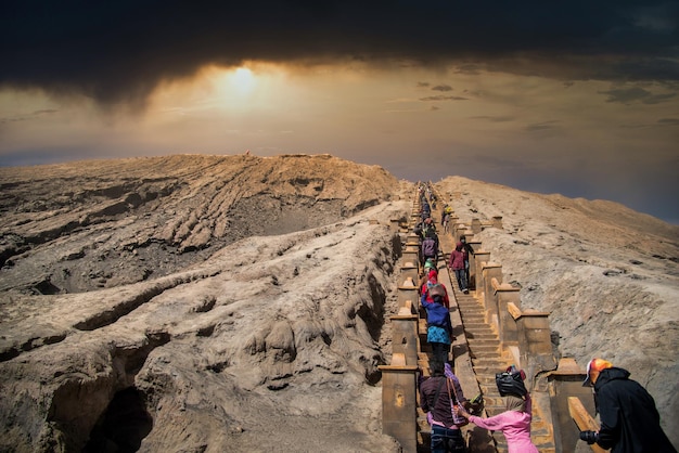 Stairs at volcano Mount Bromo in the Tengger Semeru National Park East Java Indonesia