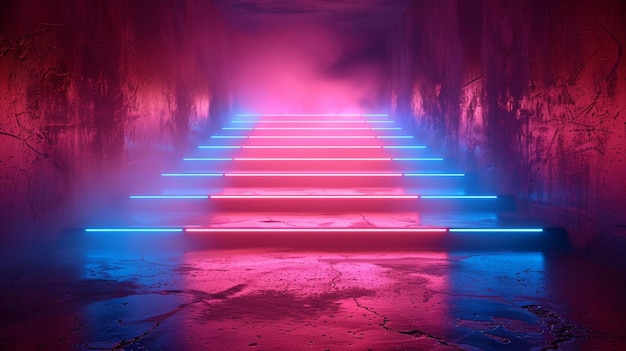 stairs with neon lights in a dark room with a red wall generative ai