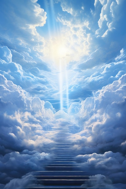 The stairway to heaven shines in the clear blue sky with clouds