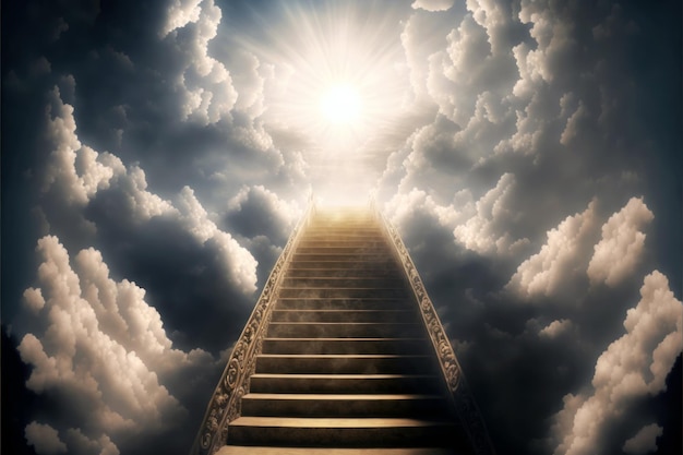 A stairway is lit up in the sky with the light shining down.