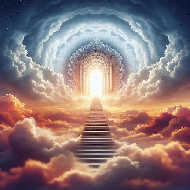 a stairway leading to a bright light that is above the clouds