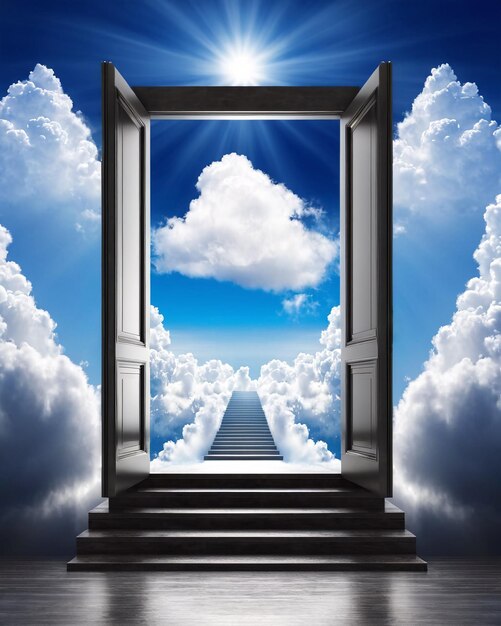 Stairway leading up to heavenly sky towards the light Risk and success business staircase