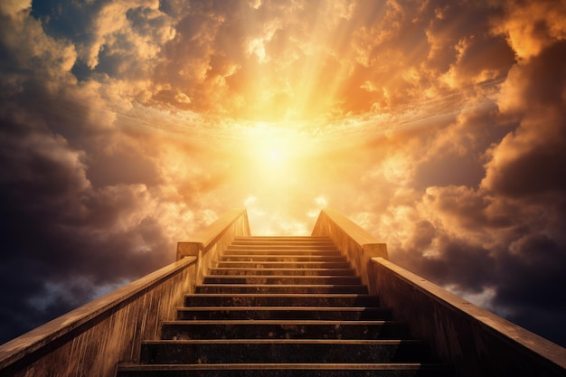 A stairway leading up into the sky with clouds generative AI