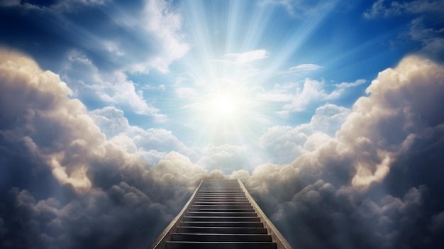 A stairway reaching towards the sky leading to a heavenly light generative ai