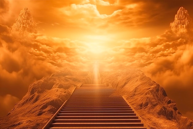 A stairway in the sky with clouds and the sun shining through.