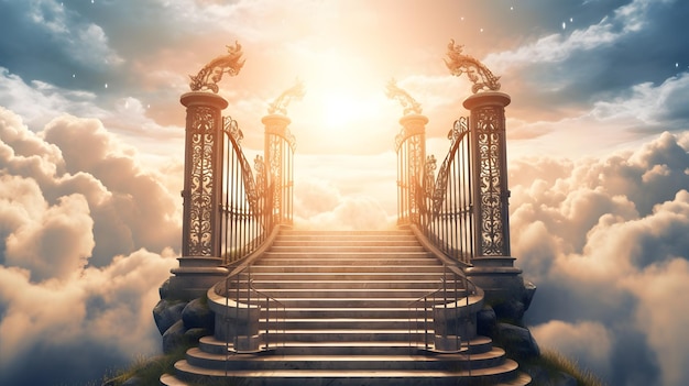 A stairway with a sky background and a dragon on it