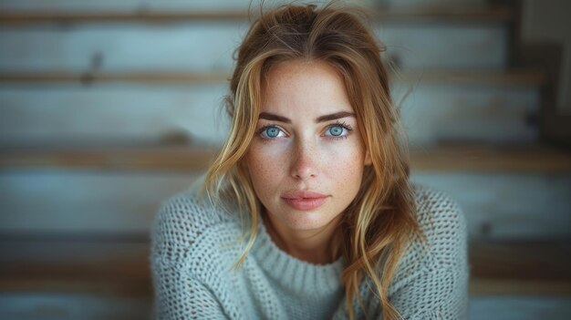 In the stairwell of a building an adult woman sits looking worried