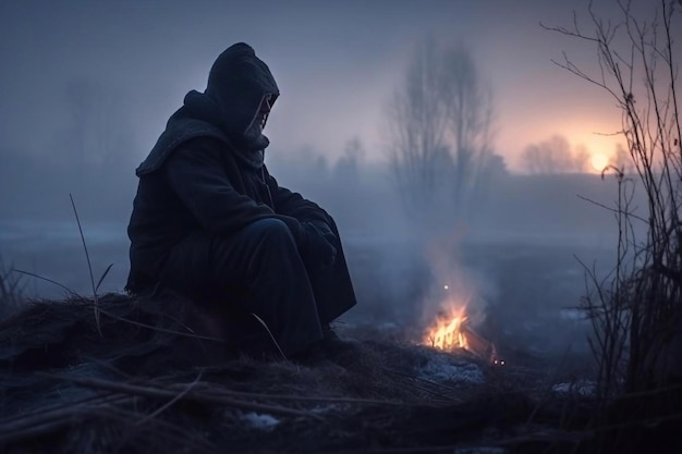 Stalker sits by the fire in the evening AI Generated