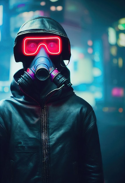 A stalker survivor in protective clothing and an neon gas mask Survivor of nuclear war