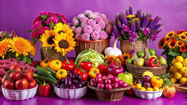 Photo a stall with fall vegetables and produce bright colorful flowers and fruits appetizing