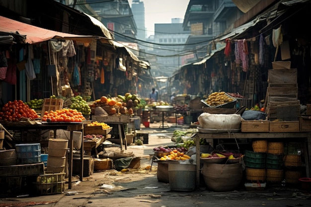 Stalls of the street market on the streets of the city Selling products