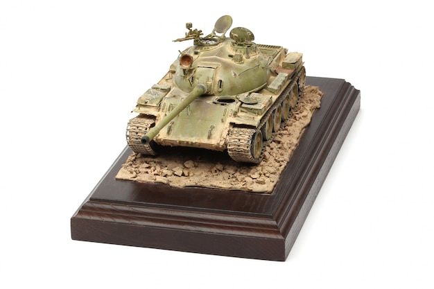 Stand model of a military battle tank on a white surface