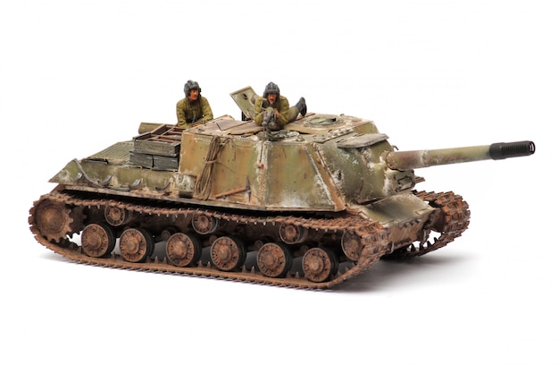 Stand model of a military battle tank on a white surface