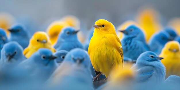 Photo stand out a unique yellow bird among blue birds symbolizing individuality and courage concept bird photography color symbolism individuality courage unique characters