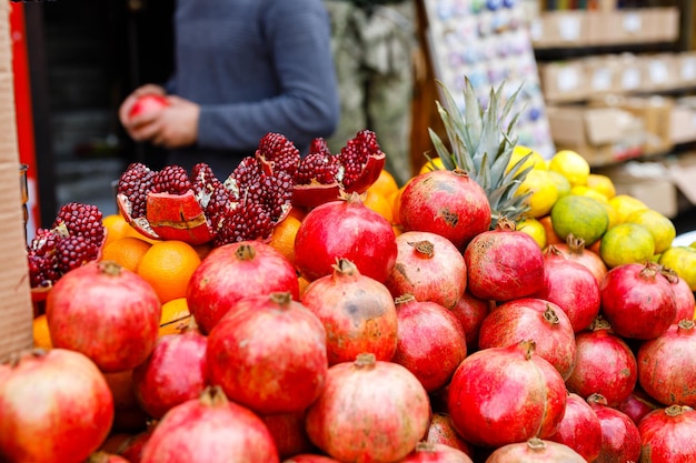 Stand with fresh fruits traditional street food Istanbul Turkey