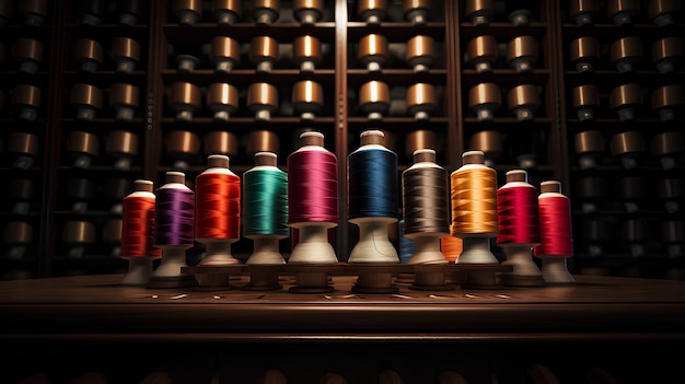 a stand with many colored spools of thread