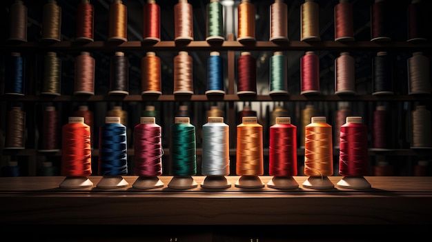 a stand with many colored spools of thread