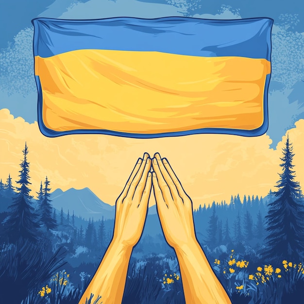 Photo stand with ukraine banner pray for ukrainian peace save ukraine from russia stop war concept horizontal vector illustration