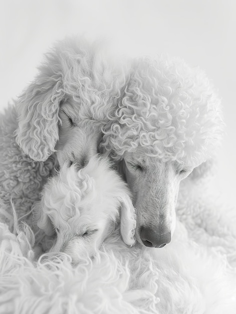 Photo standard poodle and puppy sharing a moment parent and puppy share tender moment in monochrome