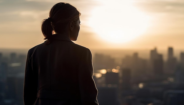 Standing adults in cityscape backlit by sunset generated by AI