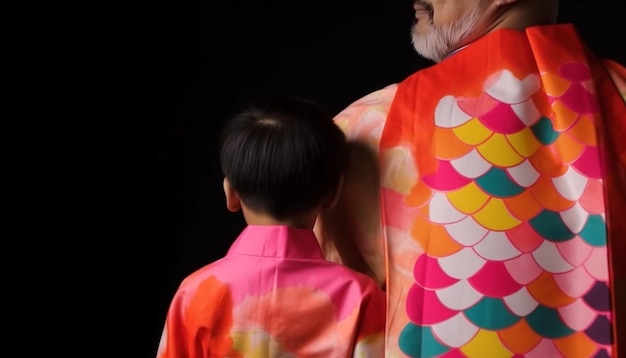 Standing boys in traditional costumes celebrate together happily generated by AI