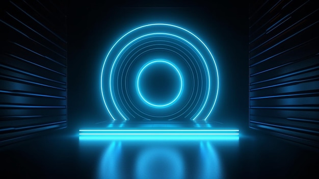 Standing bright center blue circle neon light background and backdrop