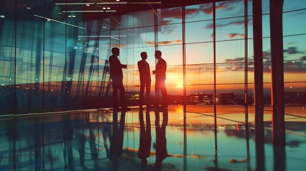 Standing business executives in an exhibition hall looking back