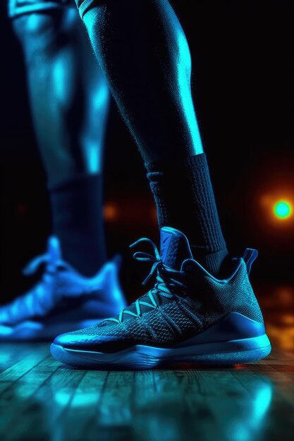 A standing closeup shot of a basketball player standing on a dark background Generative AI