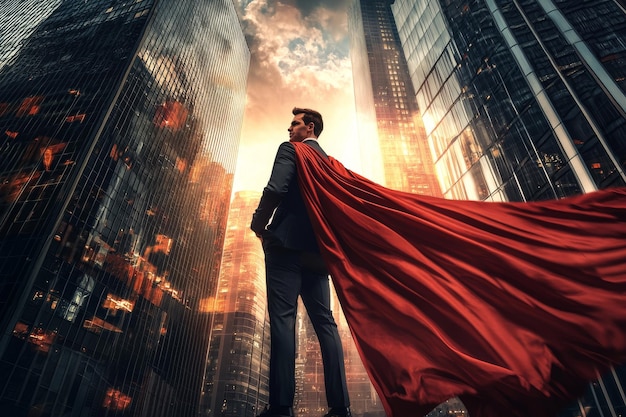 Photo standing confidently in front of a city skyline with a red cape on