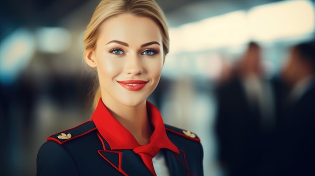 Standing confidently in her uniform a smiling woman stewardess embodies the essence of exceptional customer service and assistance at the airport AI generated