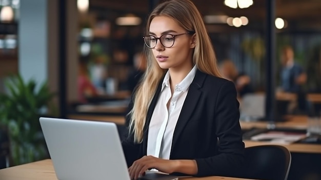 Standing in a contemporary office a focused businesswoman is utilizing a laptop The Generative AI