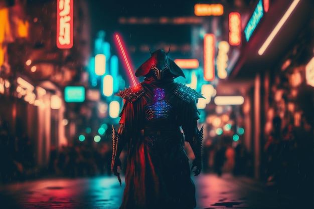 Standing dark samurai on the street. Non-existent person in Generative AI digital illustration.