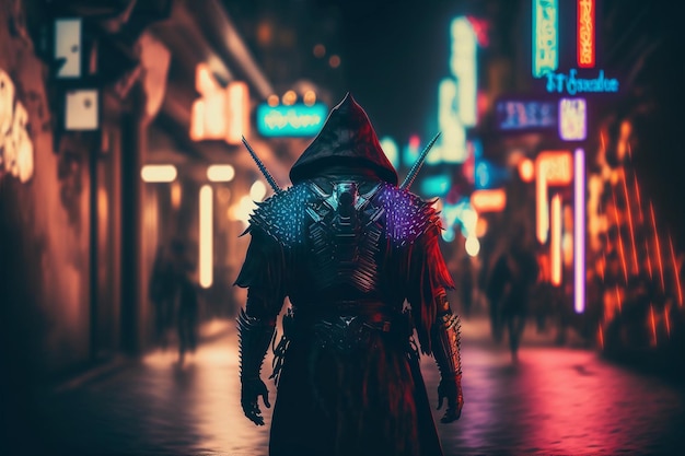 Standing dark samurai on the street. Non-existent person in Generative AI digital illustration.