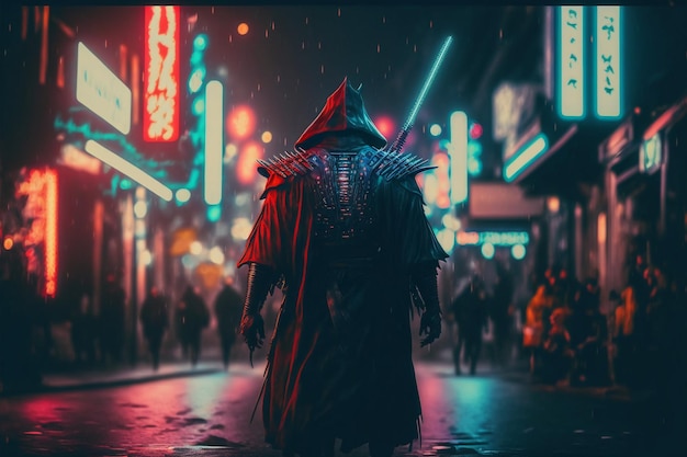 Standing dark samurai on the street. Non-existent person in Generative AI digital illustration.