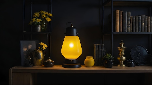 standing fancy yellow lamp of a room with shelf