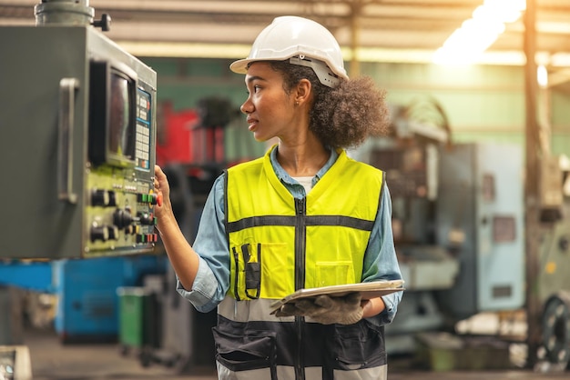 Standing in front of a control panel, a female industrial electrical engineer with a safety hardhat on her head and a tablet in her hand checks and maintains CNC machines in a factory.