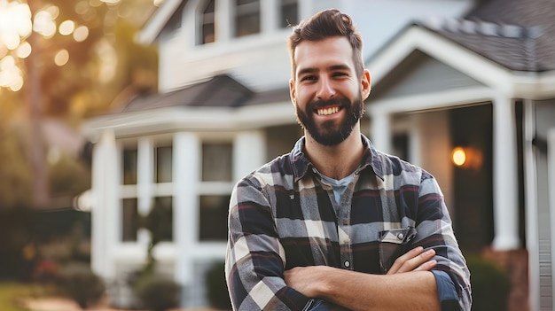 Standing in front of his newly purchased house a happy homeowner and the idea of real estate