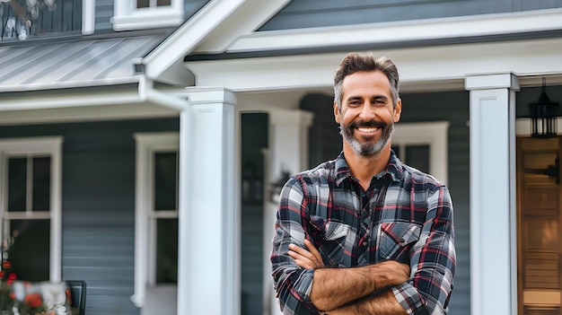 Standing in front of his newly purchased house a happy homeowner and the idea of real estate