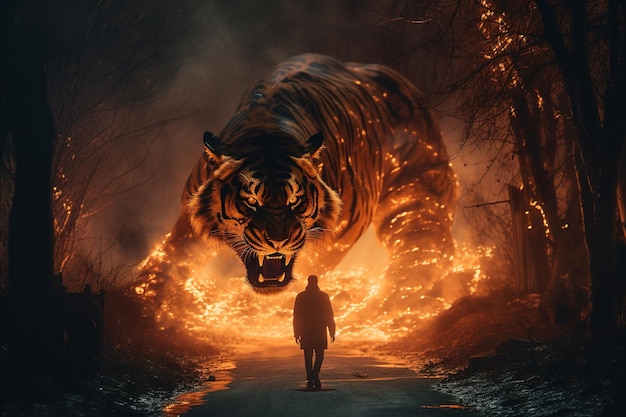 Photo standing in front of large tiger on fire