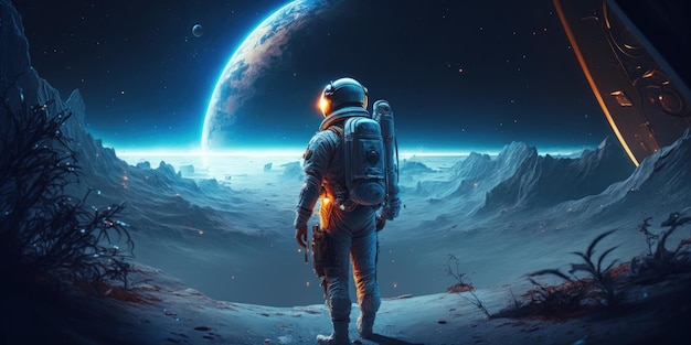 Standing majestic view landscape Cosmonaut in space suit Beautiful illustration picture