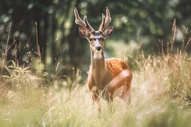 Standing in the meadow is a male deer