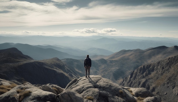 Standing on mountain peak one person achieves adventure and success generated by AI