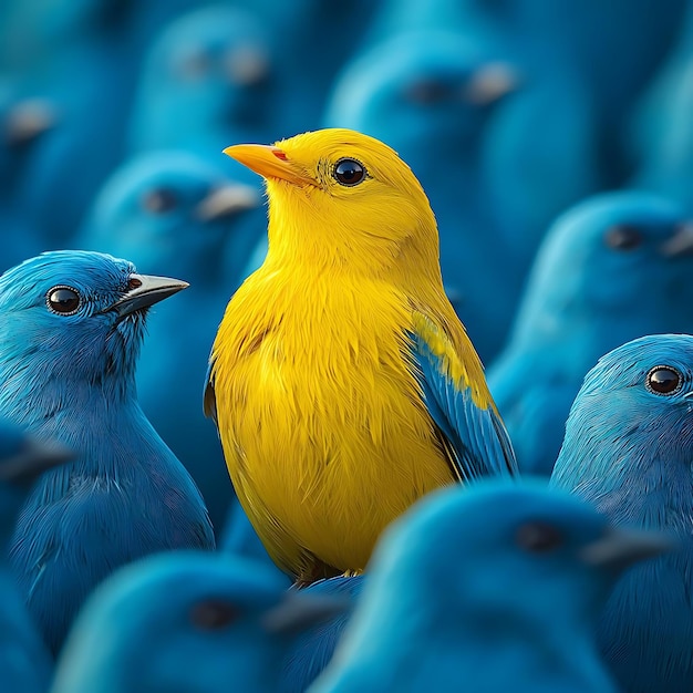 Photo standing out from the crowd a single yellow bird amongst blue birds illustration