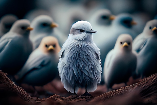 Standing out from the crowd white bird standing between gray birds Generative AI