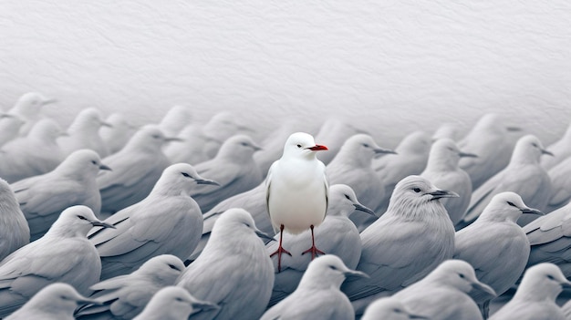 Standing out from the crowd white bird standing between man gray birds Generative AI