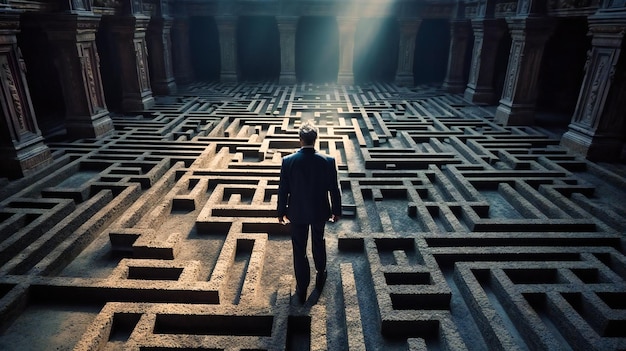 A standing person in a business suit is standing in a maze